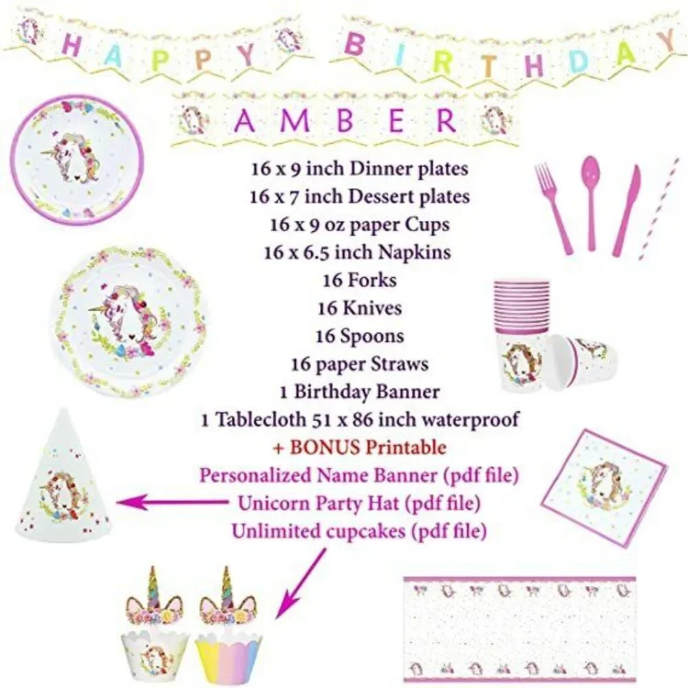 Unicorn Themed Birthday Party Plates Supplies Serve 16 Guest - 130 Pieces